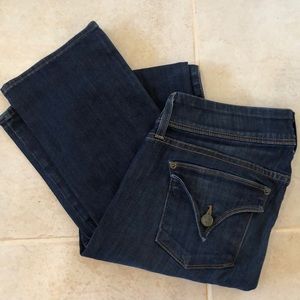 Hudson cotton blend straight leg union jack, back pocket button flap close jeans